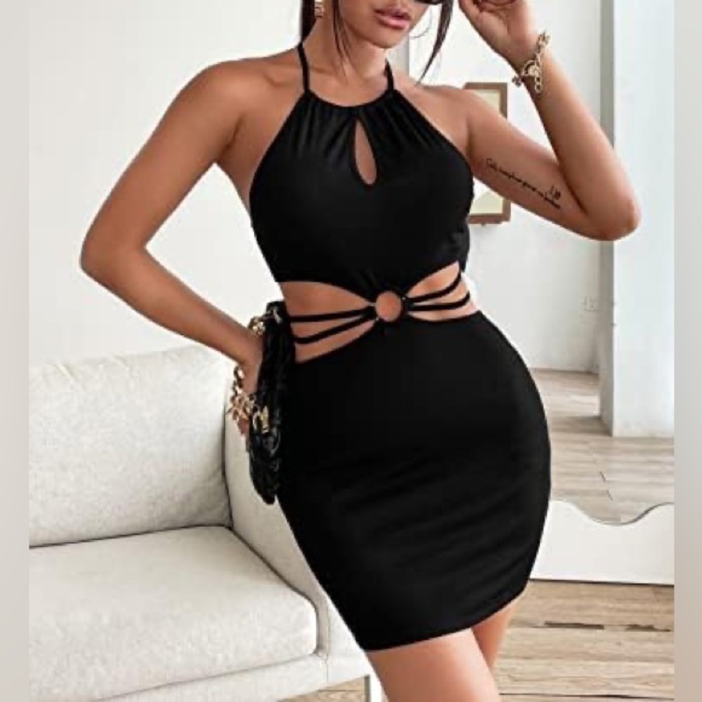 NWT Black Cut Out Halter Bodycon Mini Dress